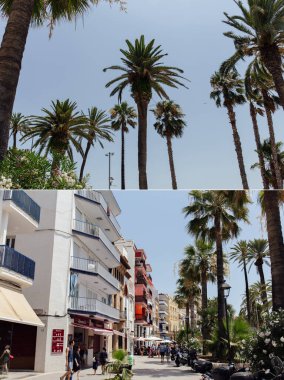 CATALONIA, İspanya - 30 Nisan 2020: Arka planda mavi gökyüzü olan palmiye ağaçları kolajı ve kentsel caddede yürüyen insanlar 