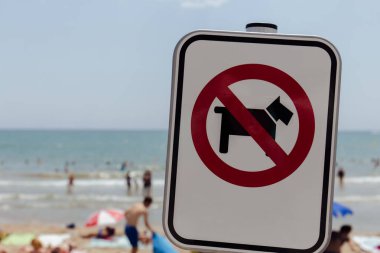 Selective focus of no dogs prohibition sign on beach in Catalonia, Spain  clipart