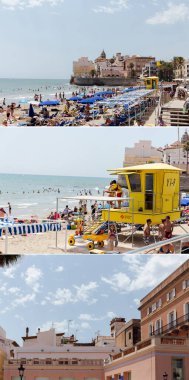 CATALONIA, SPAIN - 30 Nisan 2020: Kurtarma kulesi ve bina cepheleriyle plajda dinlenen insanların kolajı 