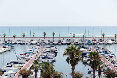 CATALONIA, SPAIN - 30 Nisan 2020: Limanda yatların yanında palmiye ağaçları ve arka planda açık gökyüzü 