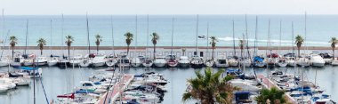CATALONIA, SPAIN - 30 Nisan 2020: Limanda deniz manzaralı yatların yakınındaki palmiye ağaçları, panoramik çekim 