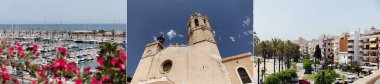 CATALONIA, SPAIN - 30 Nisan 2020: Limandaki yatların, San Bartolome kentsel sokak ve kilisesinin ve Santa Tecla 'nın kolajı