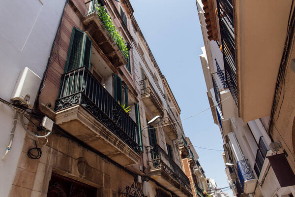 Low angle view of urban street with plants and lantern on facade in Catalonia, Spain