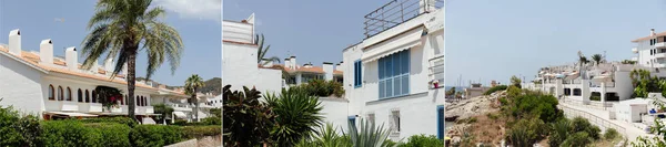 Collage White Facades Buildings Trees Blue Sky Background Catalonia Spain — Stock Photo, Image