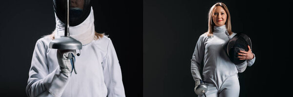 Коллаж фехтовальщика с защитной маской и рапирой изолирован на черном
 