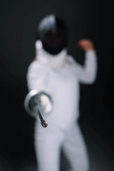 Selective Focus Fencer Holding Rapier Isolated Black — Stock Photo, Image