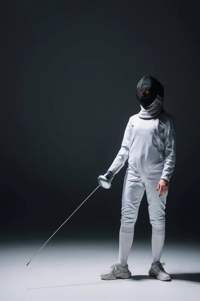 Fencer Fencing Mask Holding Rapier While Standing White Surface Black — Stock Photo, Image