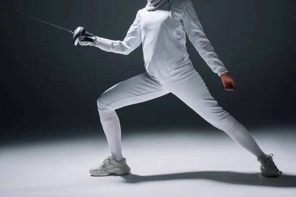 Cropped View Fencer Fencing Suit Training Rapier White Surface Black — Stock Photo, Image