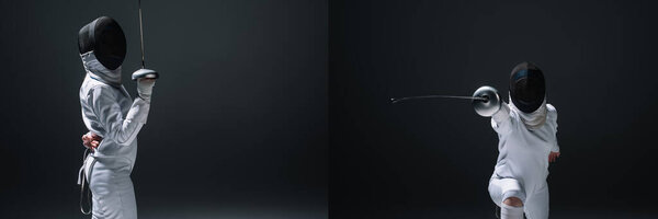 Коллаж тренировки фехтовальщиков с раппером изолирован на черном
 