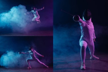 Collage of fencer training on black background with smoke and lighting  clipart