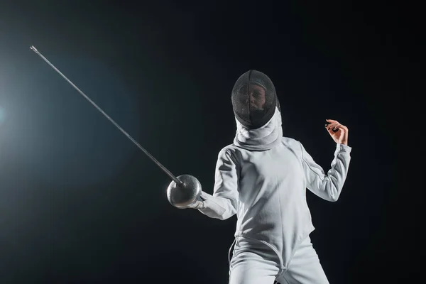 Low Angle View Fencer Exercising Rapier Black Background Lighting — Stock Photo, Image