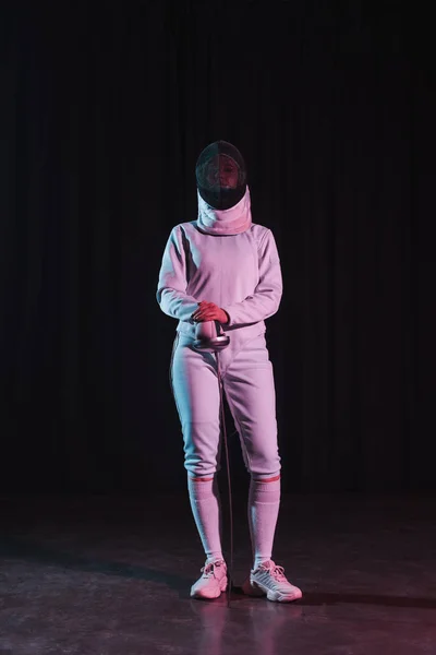 Fencer Fencing Suit Mask Holding Rapier Black Background — Stock Photo, Image