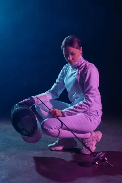 Beautiful Fencer Holding Fencing Mask Rapier Black Background Lighting — Stock Photo, Image