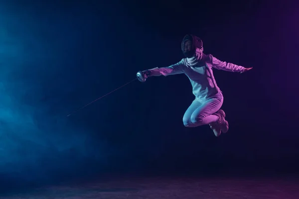 Fencer Holding Rapier Jumping Black Background Smoke Lighting — Stock Photo, Image