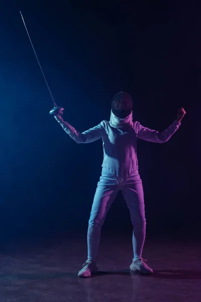 Fencer Showing Yeah Gesture While Holding Rapier Black Background Lighting — Stock Photo, Image