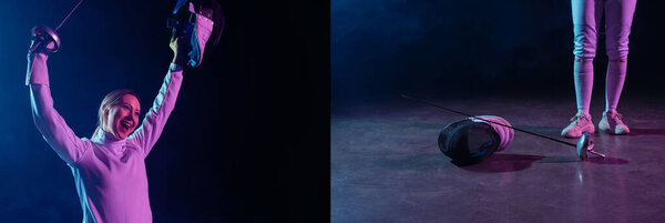 Коллаж возбужденной фехтовальщицы, держащей в руках рапиру и фехтовальную маску на черном фоне с освещением
 