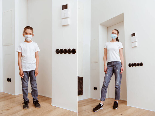 Collage of mother and son in medical masks looking at camera in hallway 