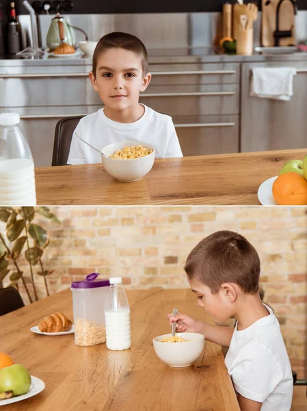 Коллаж Мальчик Ест Крупы Время Завтрака Кухне — стоковое фото