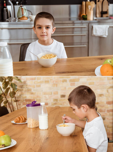 Collage of boy eating cereals during breakfast in kitchen 