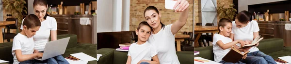 노트북을 사용하고 집에서 스마트폰으로 셀카를 어머니와 아들의 콜라주 — 스톡 사진