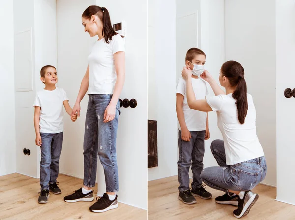 Collage Mother Putting Medical Mask Son Holding Hands Hallway — Stock Photo, Image