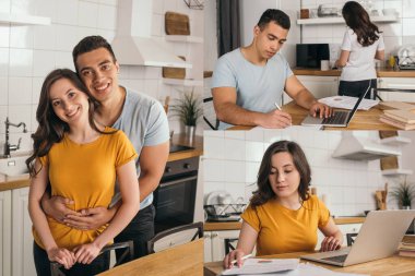 collage of mixed race man hugging girlfriend, writing and using laptop at home clipart