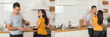 Şarap kadehinin yanında şişe tutan yakışıklı melez adam ve mutfakta sarılan kız kolajı. 