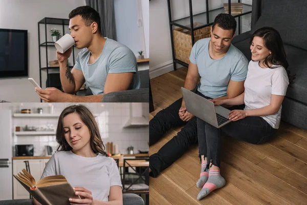 Kolaż Mieszane Rasy Mężczyzna Pomocą Smartfona Trzymając Kubek Kobieta Czytanie — Zdjęcie stockowe