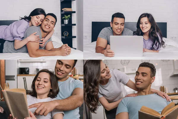 Collage Interracial Couple Hugging Using Laptop Mixed Race Man Pointing — Stock Photo, Image