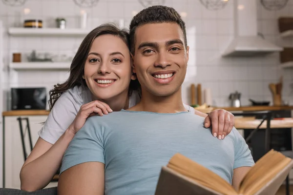 Selective Focus Handsome Mixed Race Man Holding Book Beautiful Girlfriend — Stock Photo, Image