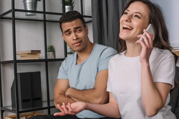 Selective Focus Displeased Mixed Race Man Crossed Arms Looking Girlfriend — Stock Photo, Image