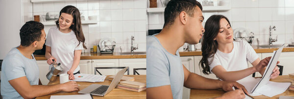 коллаж веселой девушки с кофейником, чашкой и газетами рядом смешанной расы человек и ноутбук на столе
