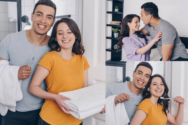Collage Cheerful Multiracial Couple Holding Towels Toothbrushes Bathroom — Stock Photo, Image
