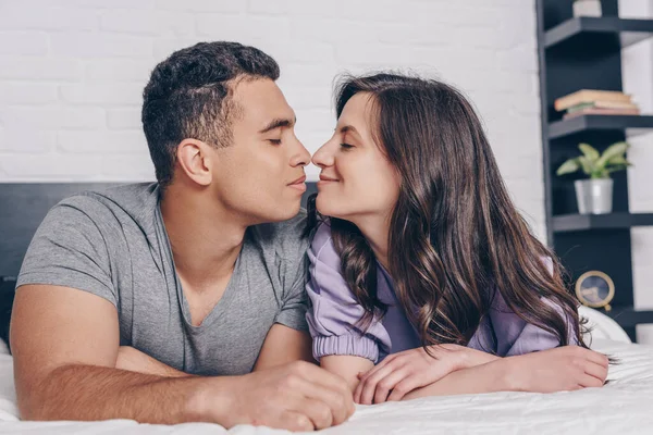 Side View Cheerful Young Multiracial Couple Closed Eyes — Stock Photo, Image