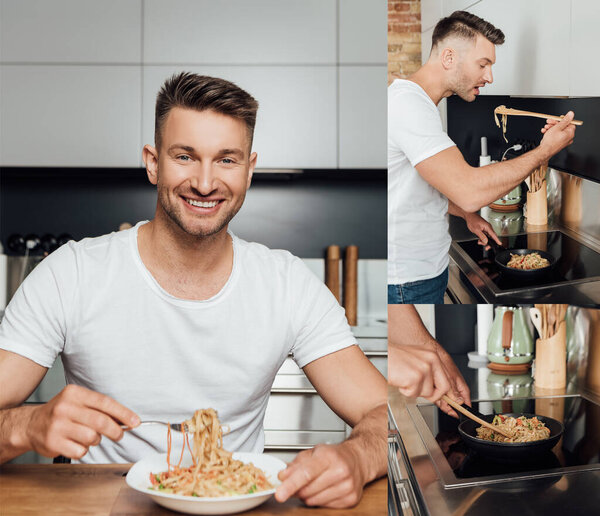 collage of handsome man cooking delicious noodles and smiling at home 