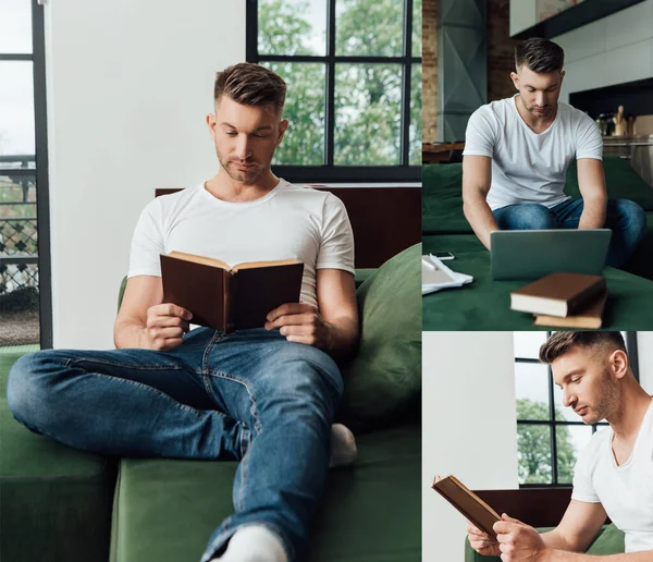 Collage Handsome Freelancer Using Laptop Smartphone Blank Screen Reading Books — Stock Photo, Image