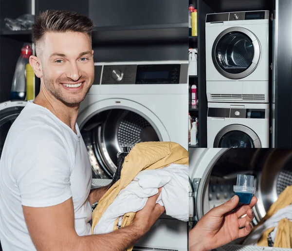 collage of cheerful man holding dirty clothing and measuring cup with detergent near washing machines