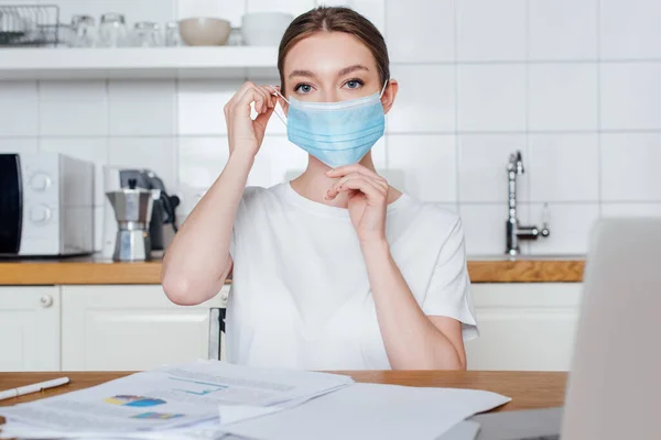 Selective Focus Young Woman Touching Medical Mask — Stock Photo, Image