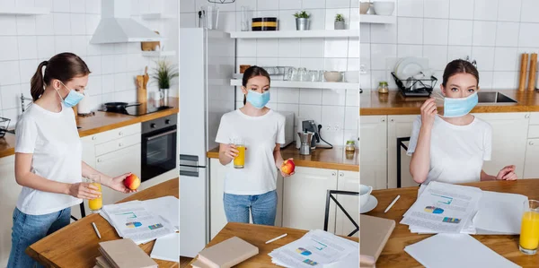 Collage Young Woman Medical Masks Holding Glasses Orange Juice Apples — Stock Photo, Image