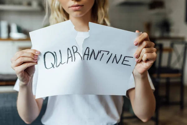 Cropped View Young Woman Tearing Card Quarantine Lettering Home — Stock Photo, Image