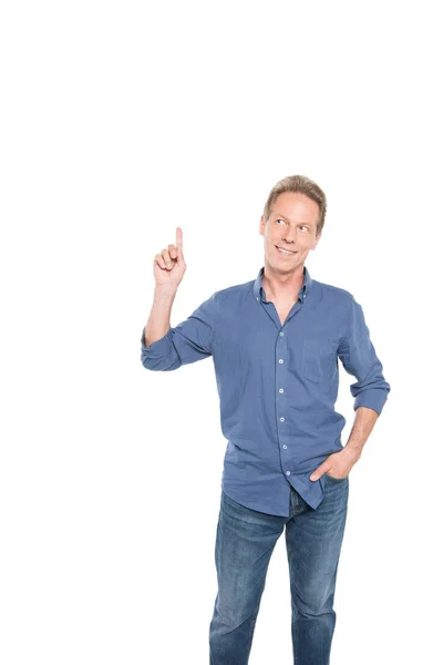 Middle aged man pointing up — Stock Photo