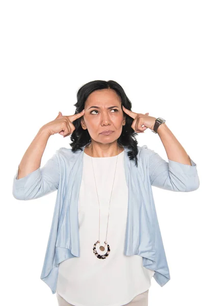 Casual asiático mujer con dedos en la cabeza - foto de stock
