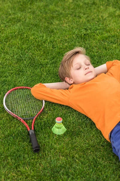 Boy with badminton equipment — Stock Photo