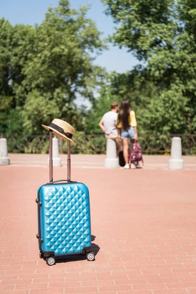 Maleta y sombrero de paja en el parque - foto de stock