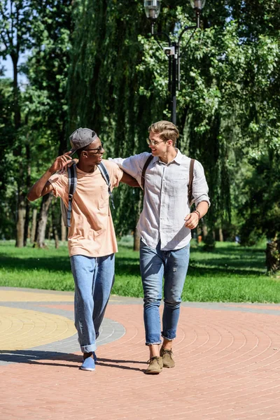 Homens multiculturais andando no parque — Fotografia de Stock