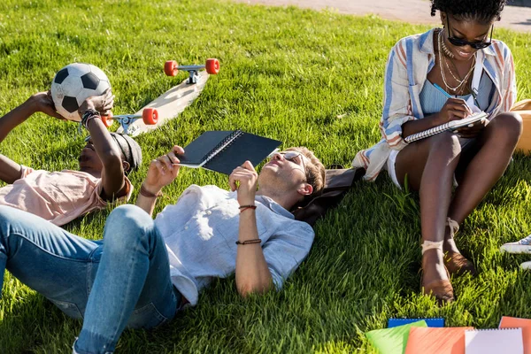 Estudantes multiétnicos que estudam no parque — Fotografia de Stock