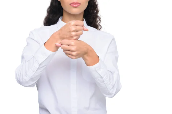 Femme gestuelle langue des signes — Photo de stock