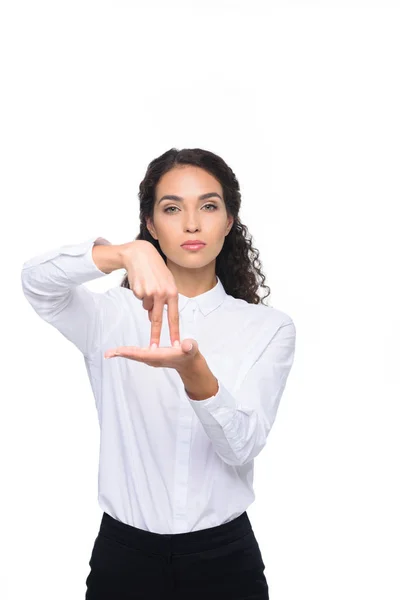Женщина жестикулирует языком жестов — стоковое фото