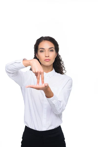 Frau gestikuliert in Gebärdensprache — Stockfoto