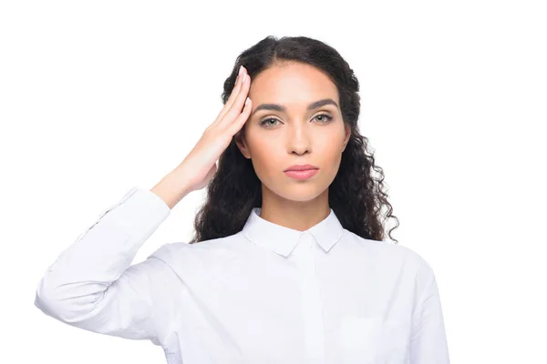 Tired businesswoman with headache — Stock Photo